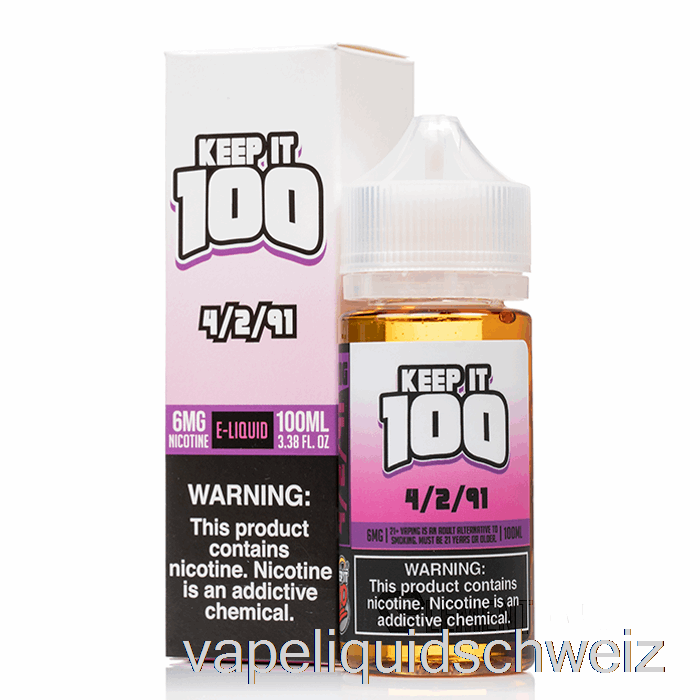 02.04.91 – Keep It 100 E-Liquid – 100 Ml 0 Mg Vape Ohne Nikotin